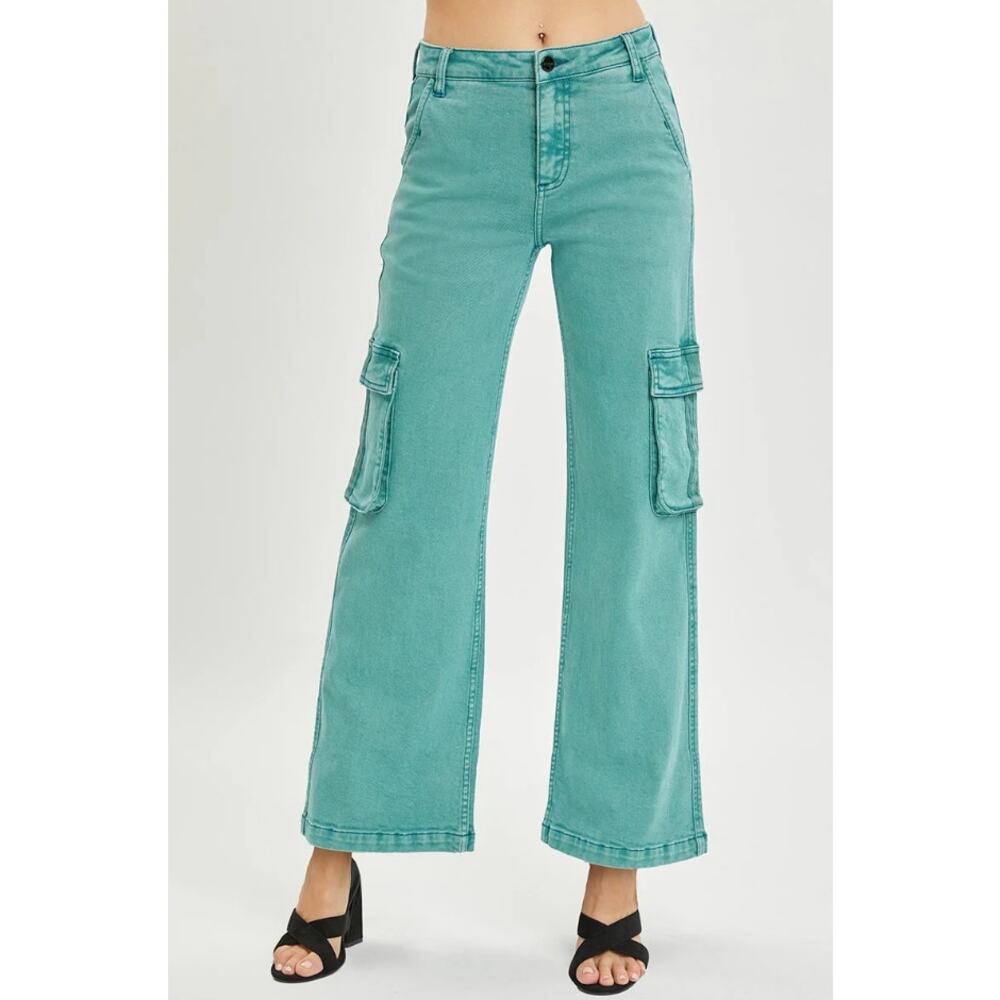 NWT Risen Los Angeles High Rise Wide Leg Cargo Jean Jade Green Sz 15/32 $69 MSRP